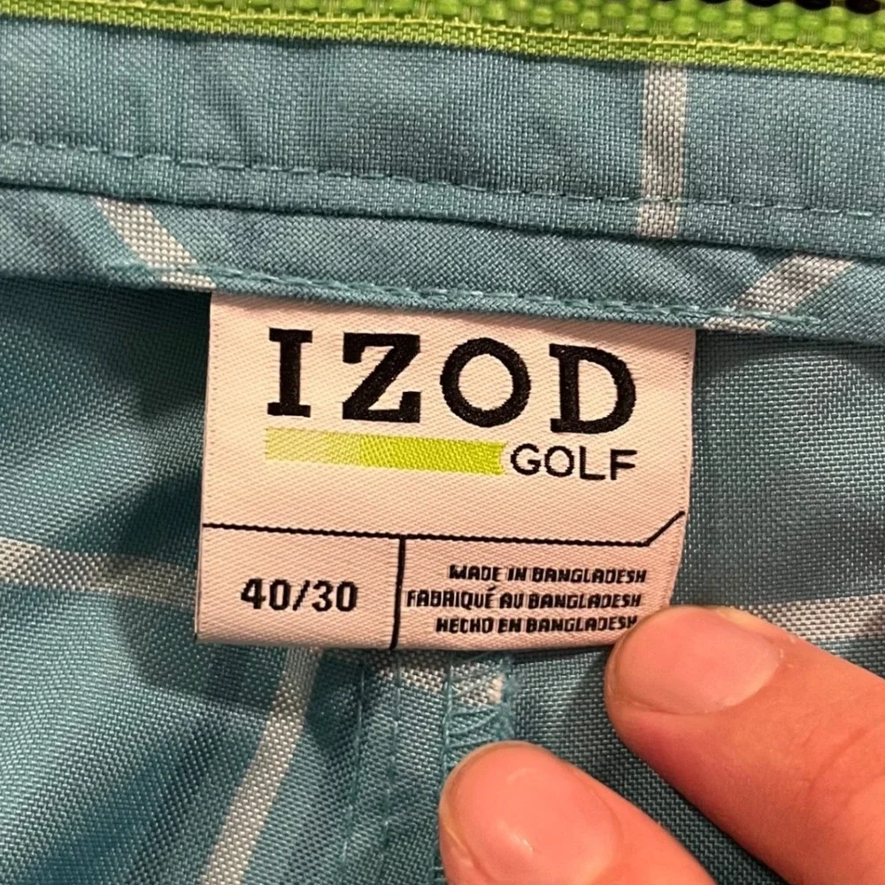 IZOD Golf Pants Mens 40x30 Aqua Blue Windowpane Plaid Flat Front Trousers